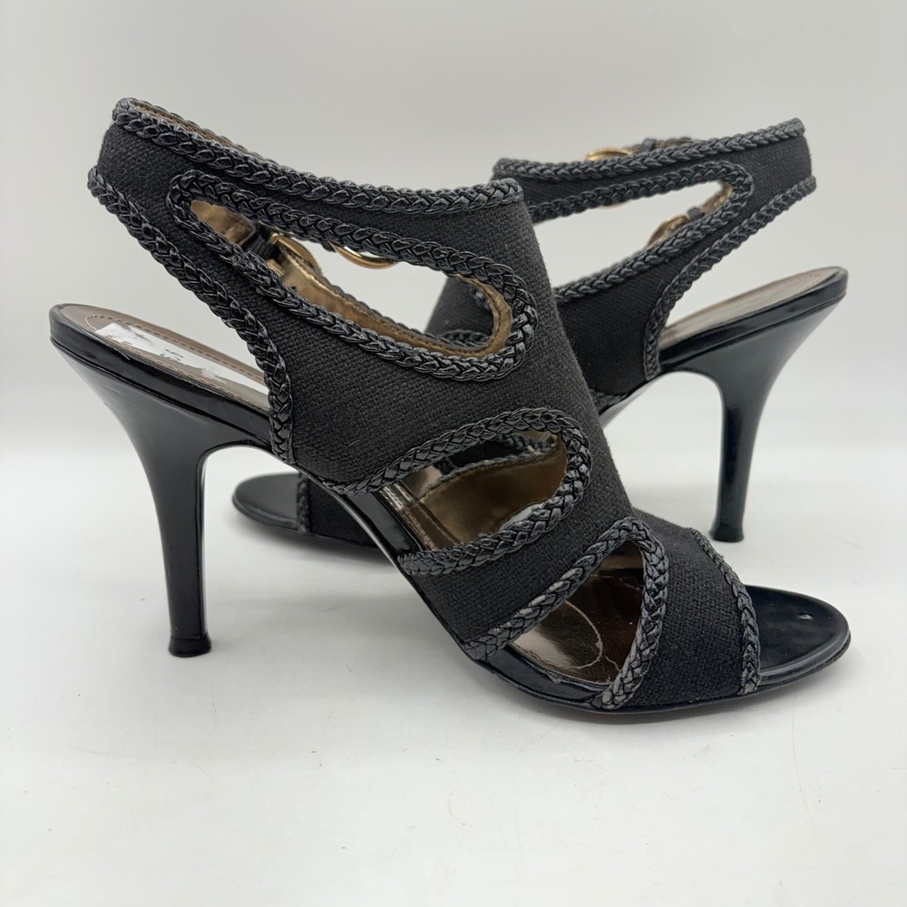 Tahari Lexie Black Canvas Braided Trim Heeled Sandals Size 8.5‎ M Gold Buckle - Picture 7 of 12